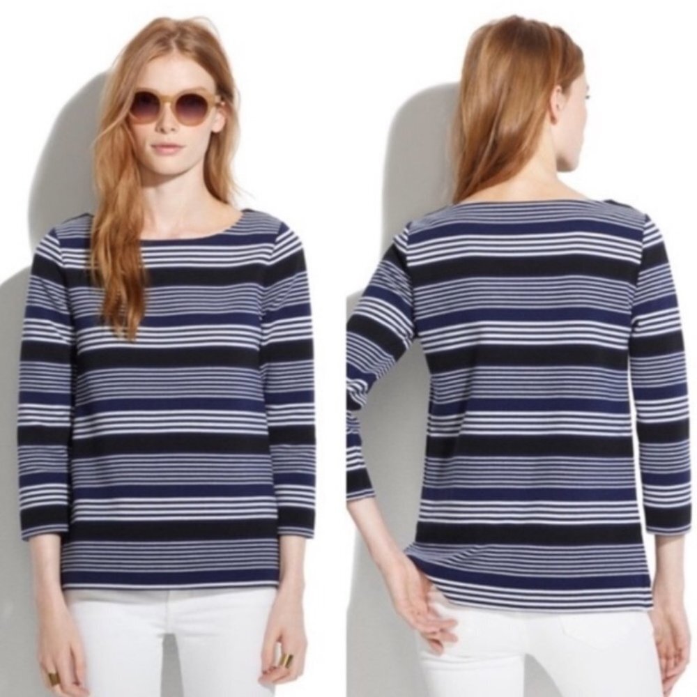Madewell Gallerist Ponte Striped Sweater Top Blue White Size XS Boatneck‎ Knit